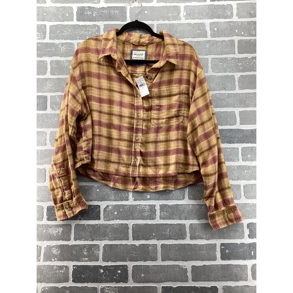 American Eagle Plaid Cropped Flannel Shirt Yellow Burgundy L NWT 035-1354-4660